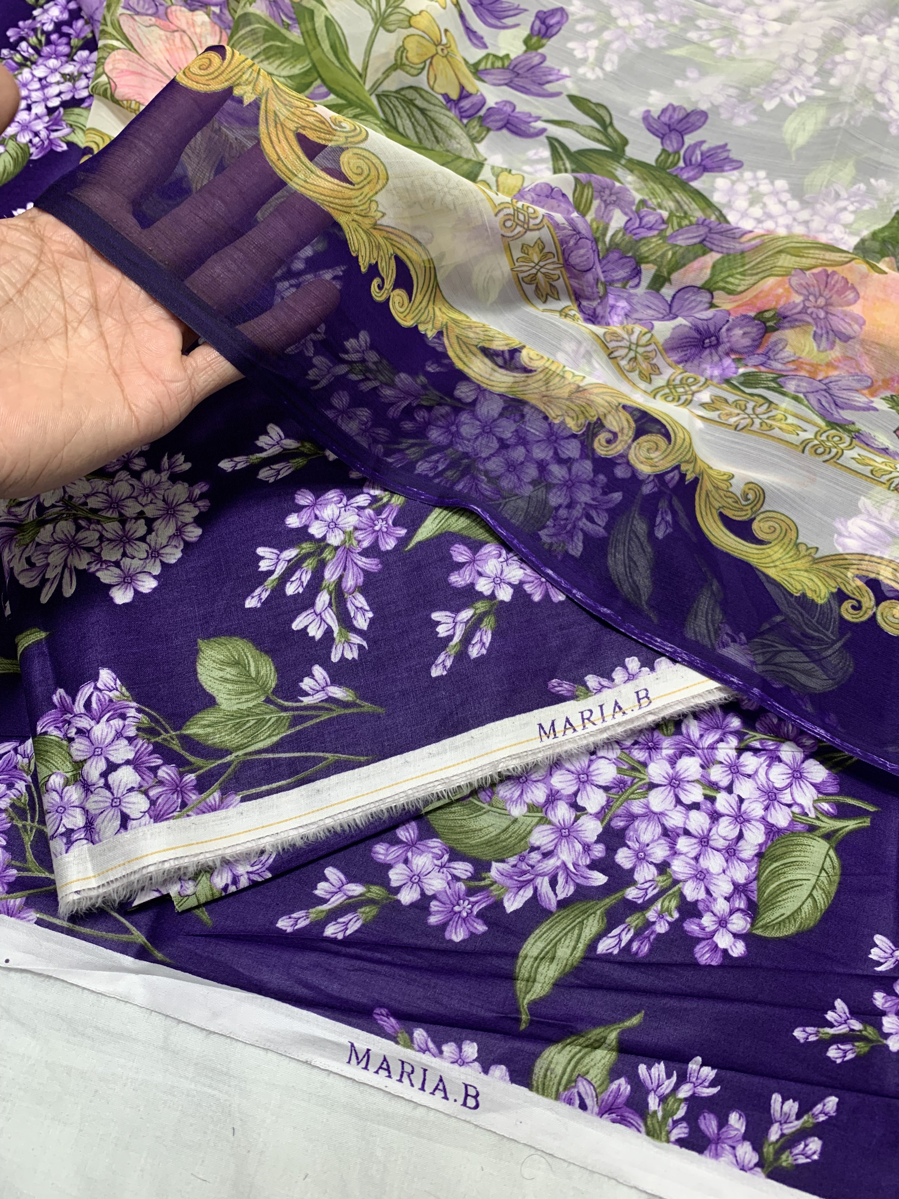 Maria B M Print Lawn Unstitched Printed Trouser With Chiffon Dupatta 3Pc (hit-purple-flower)