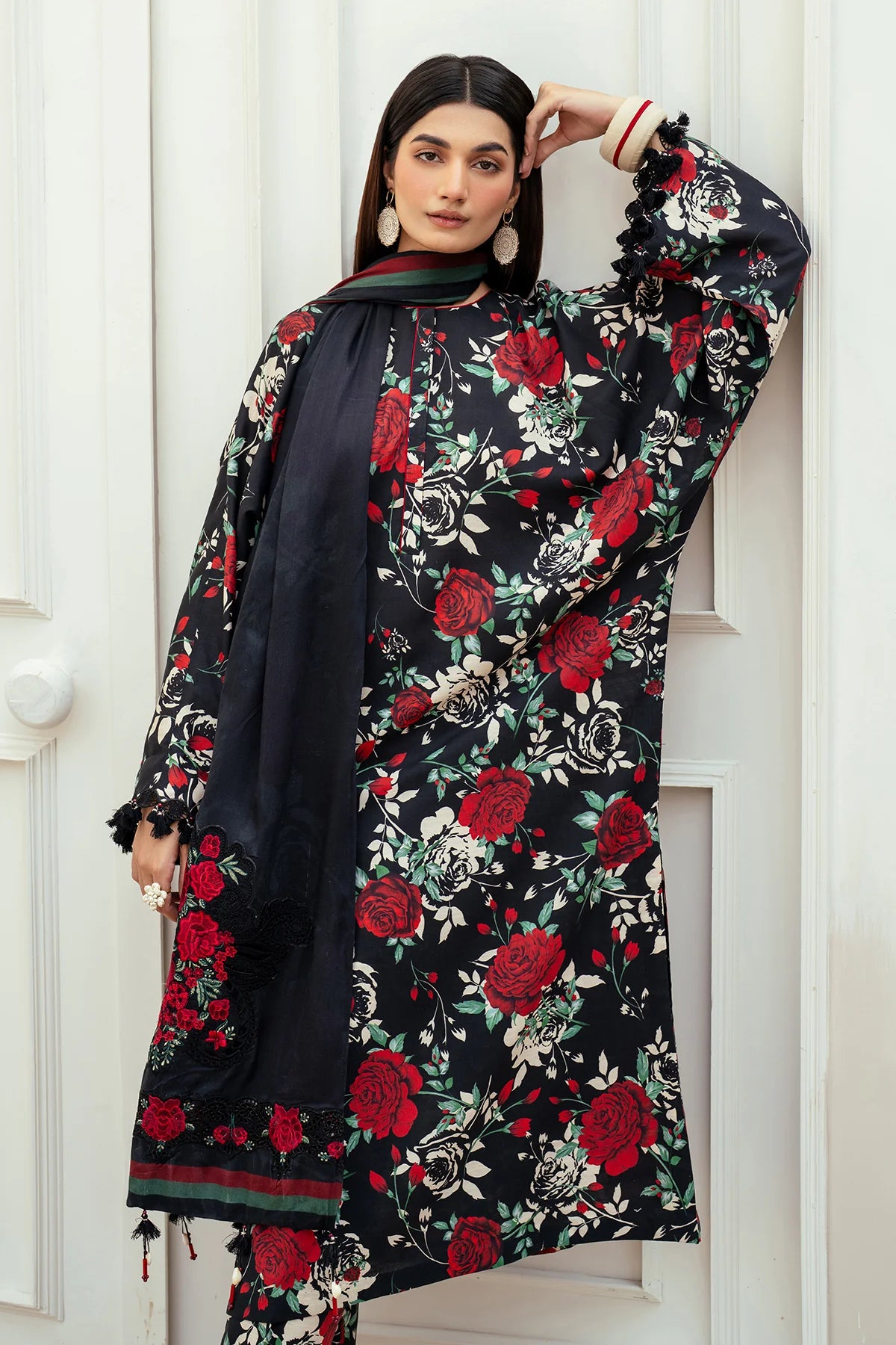 Baroque Printed Chiffon Dupatta 3pc Flower Designs SF-4011-BLK