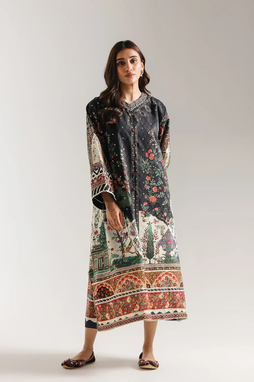 Ethnic Printed Grip Silk Kaftan 2Pcs Shirt Trouser Unsticthed