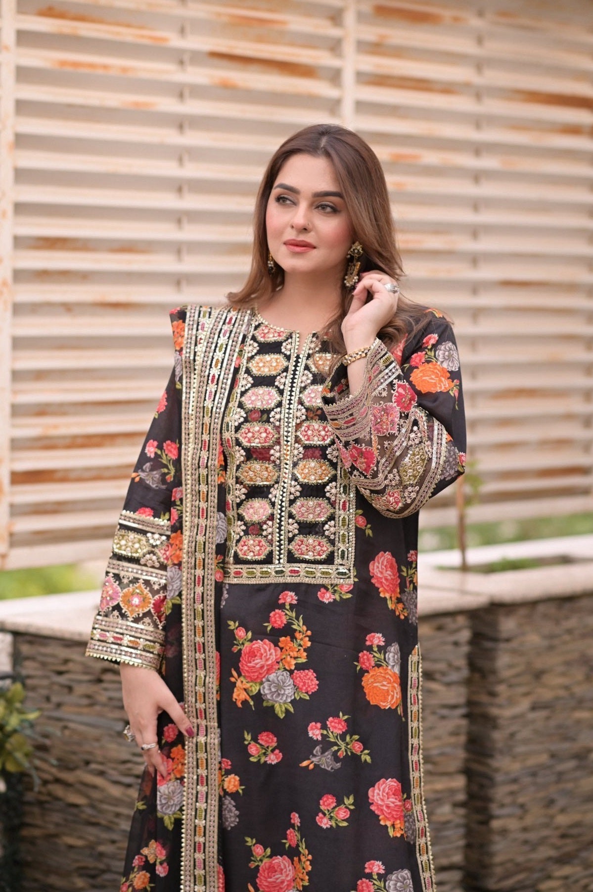 Aneela's 3 Piece Unstitched Heavy Embroidered Lawn Replica Suit | Aneela Red 263