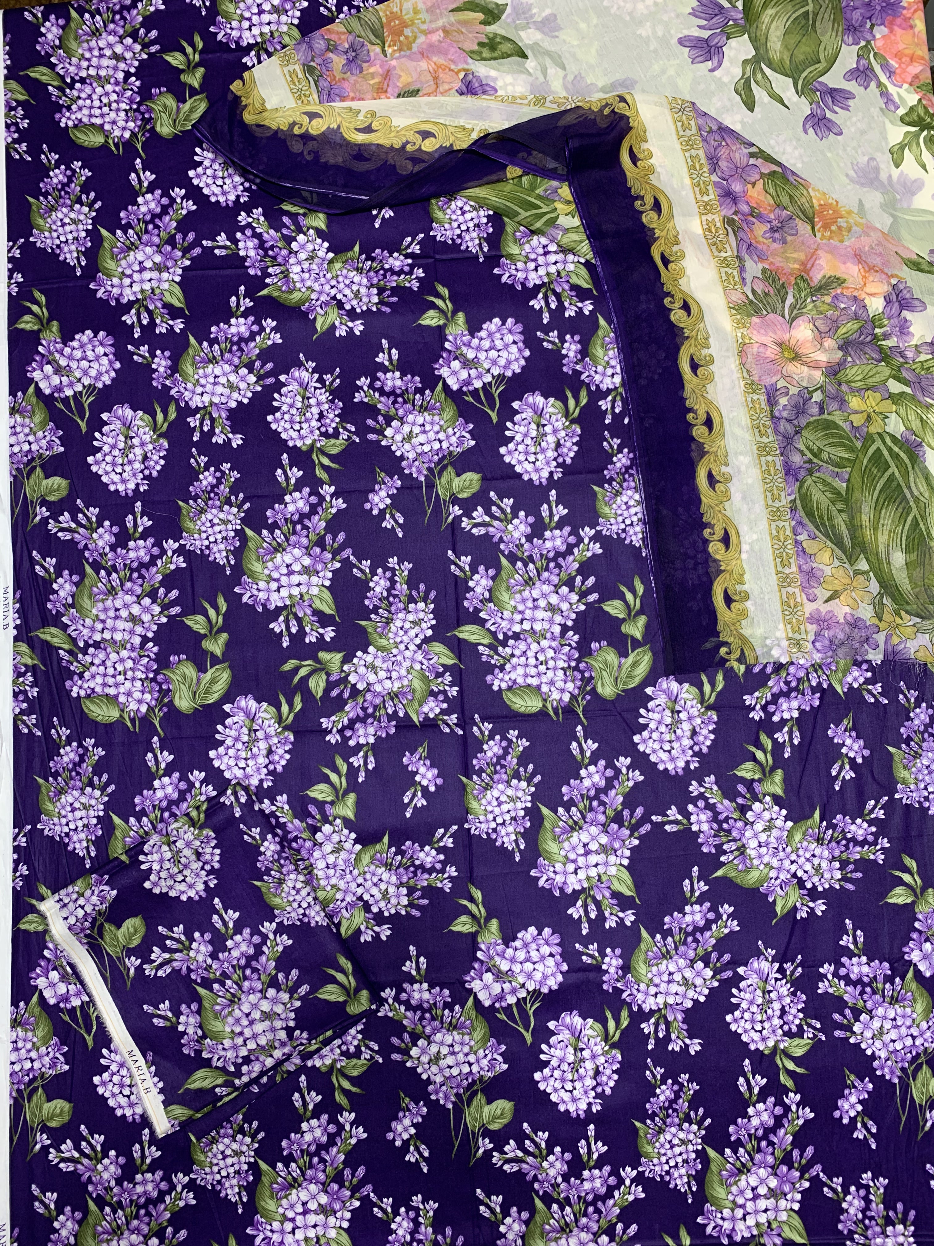 Maria B M Print Lawn Unstitched Printed Trouser With Chiffon Dupatta 3Pc (hit-purple-flower)