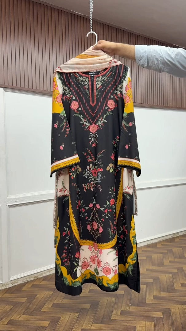 Ayesha. B Printed Arabic Silk kaftan 3pcs Stitched & UnStitched 002120
