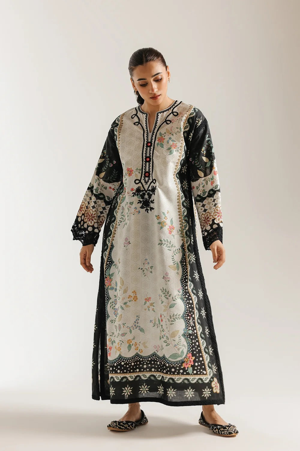 Ethnic Printed Grip Silk Kaftan 2Pcs Shirt Trouser Unsticthed