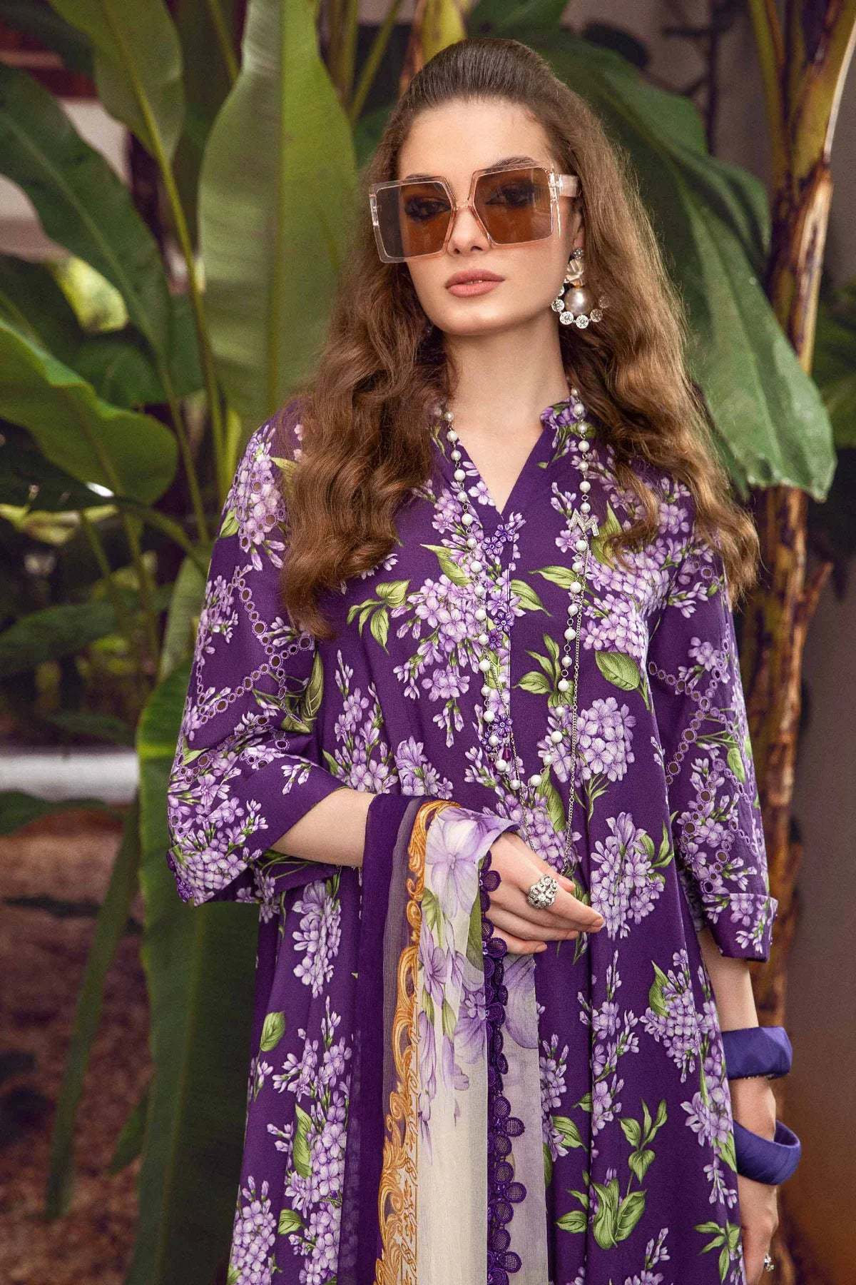 Maria B M Print Lawn Unstitched Printed Trouser With Chiffon Dupatta 3Pc (hit-purple-flower)
