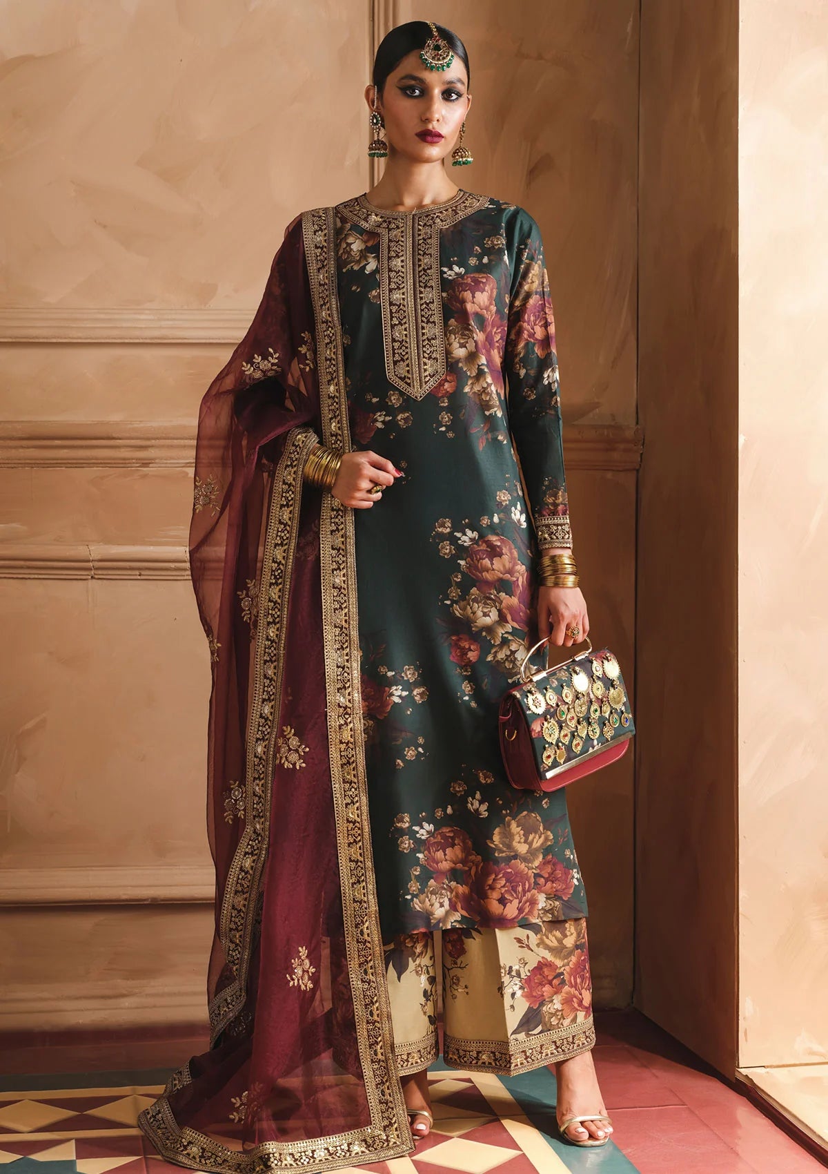 Iznik 3 Piece Unstitched Heavy Embroidered Lawn Replica Suit | Green Red