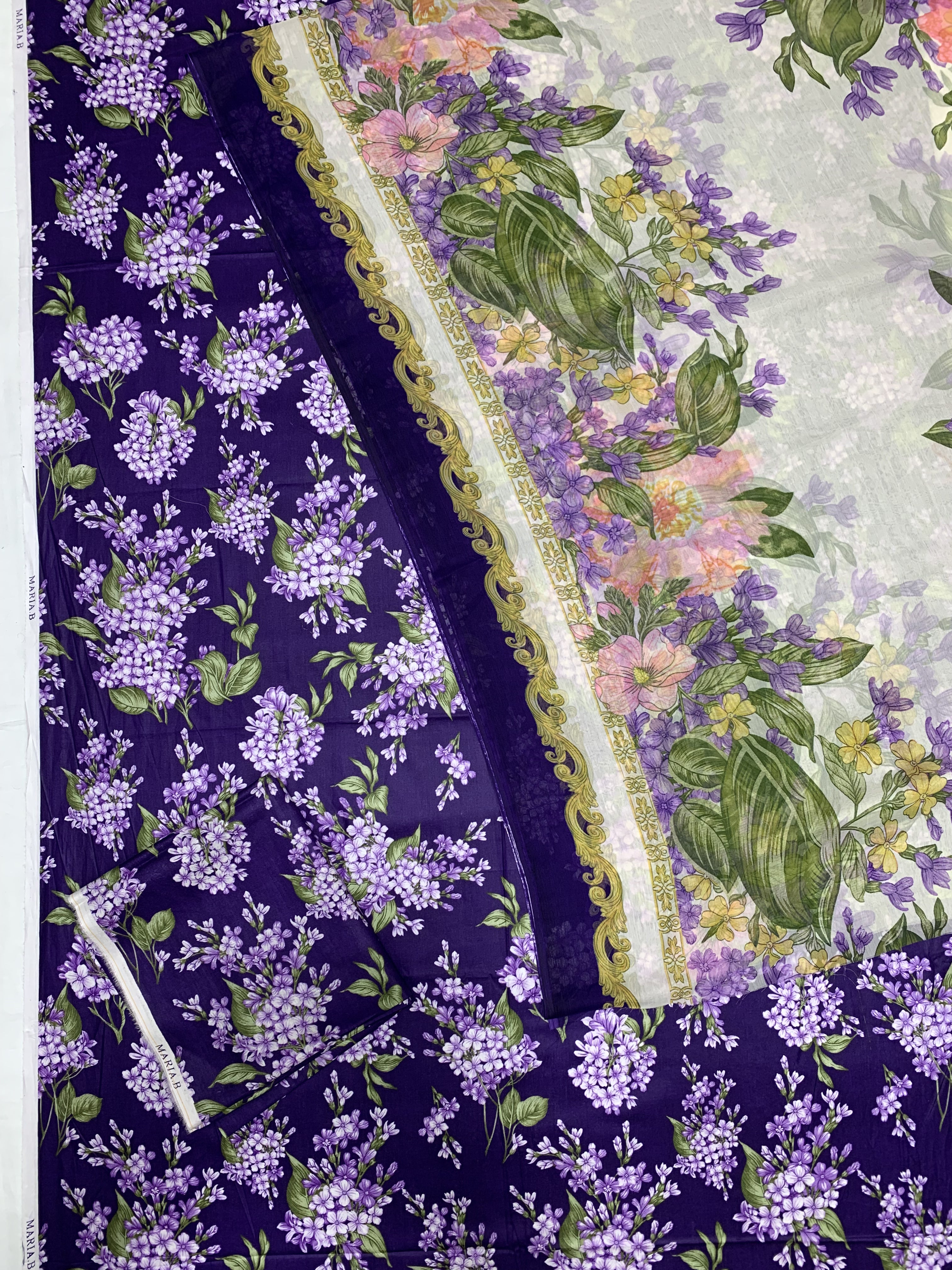 Maria B M Print Lawn Unstitched Printed Trouser With Chiffon Dupatta 3Pc (hit-purple-flower)