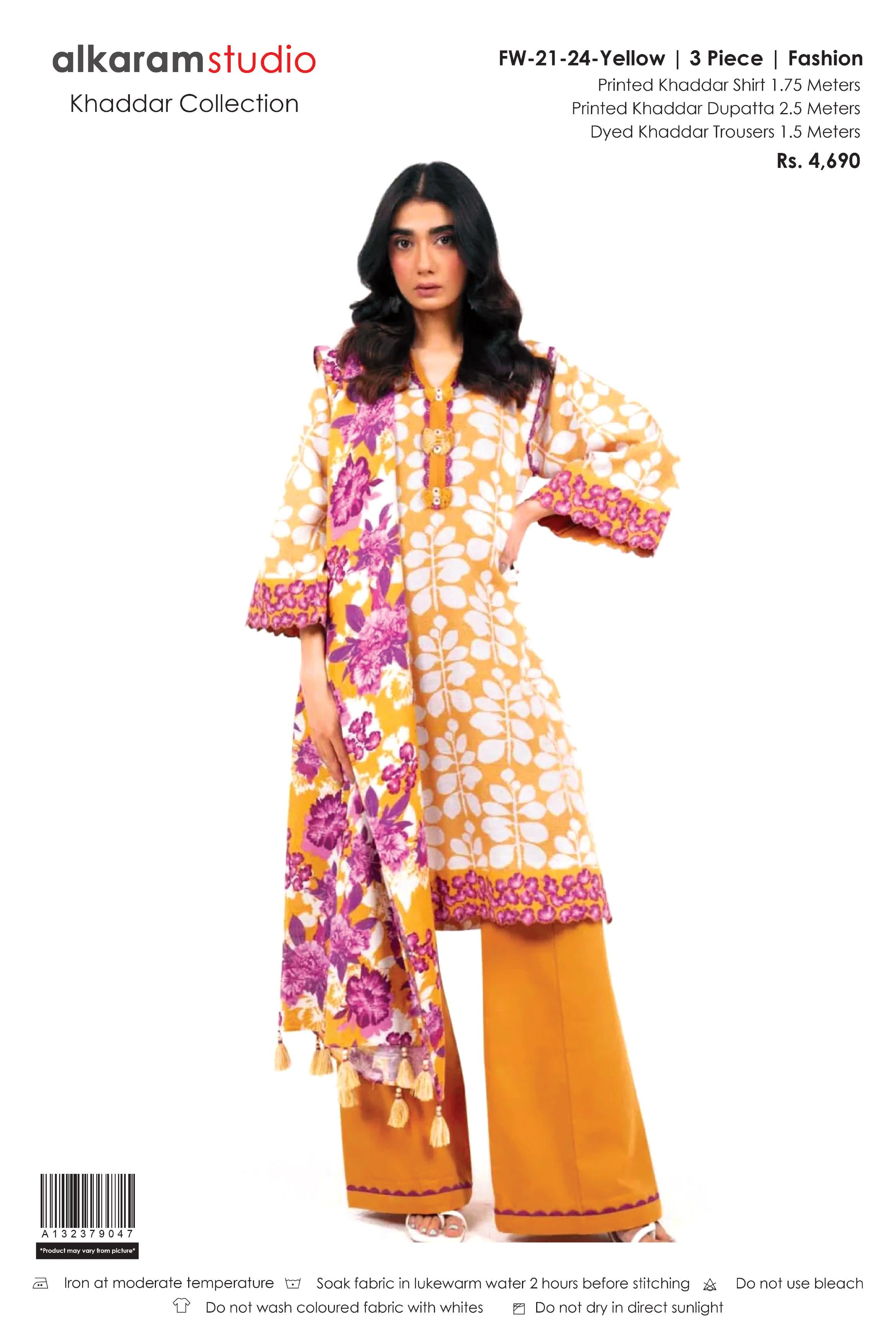 Alkaram 3-Piece Unstitched Khaddar Suit – Premium Winter Collection FW-21-24-Yellow