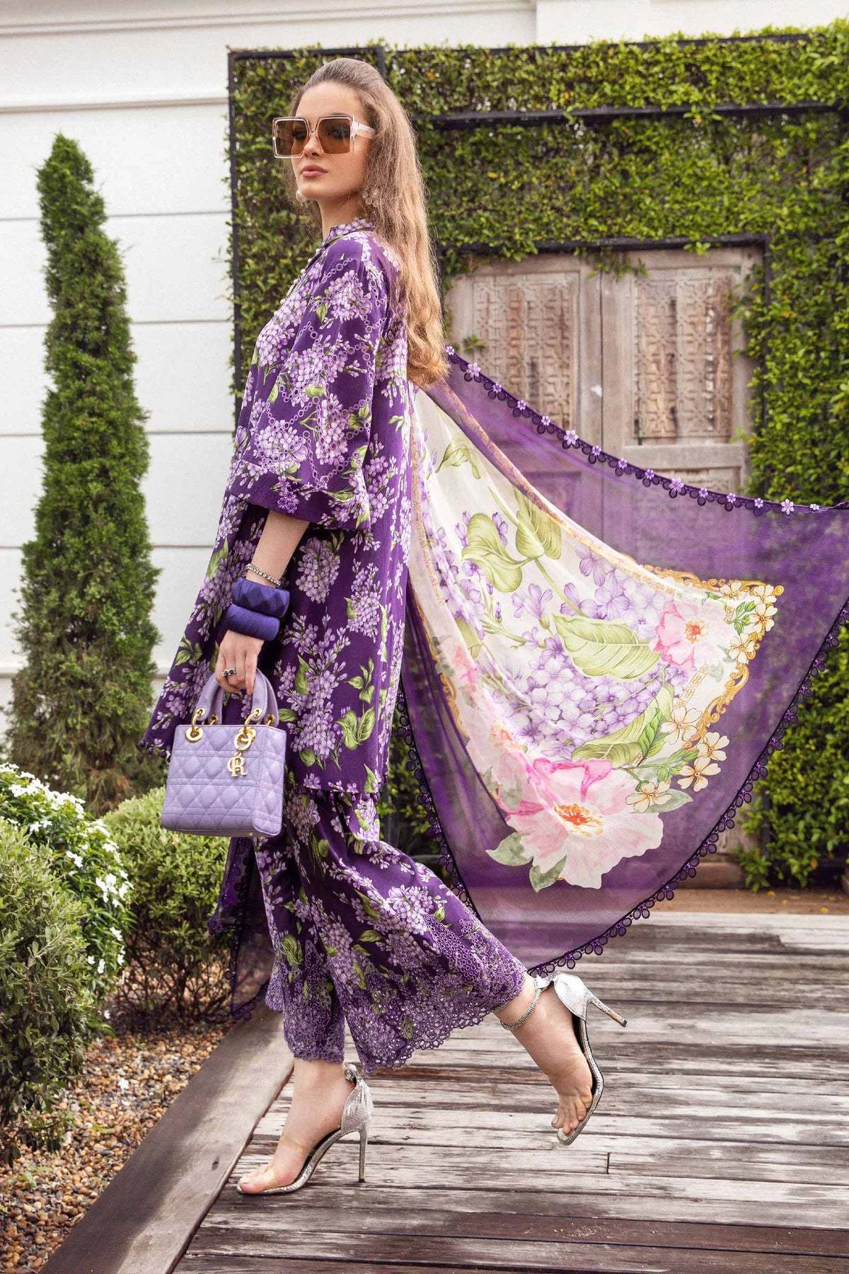 Maria B M Print Lawn Unstitched Printed Trouser With Chiffon Dupatta 3Pc (hit-purple-flower)