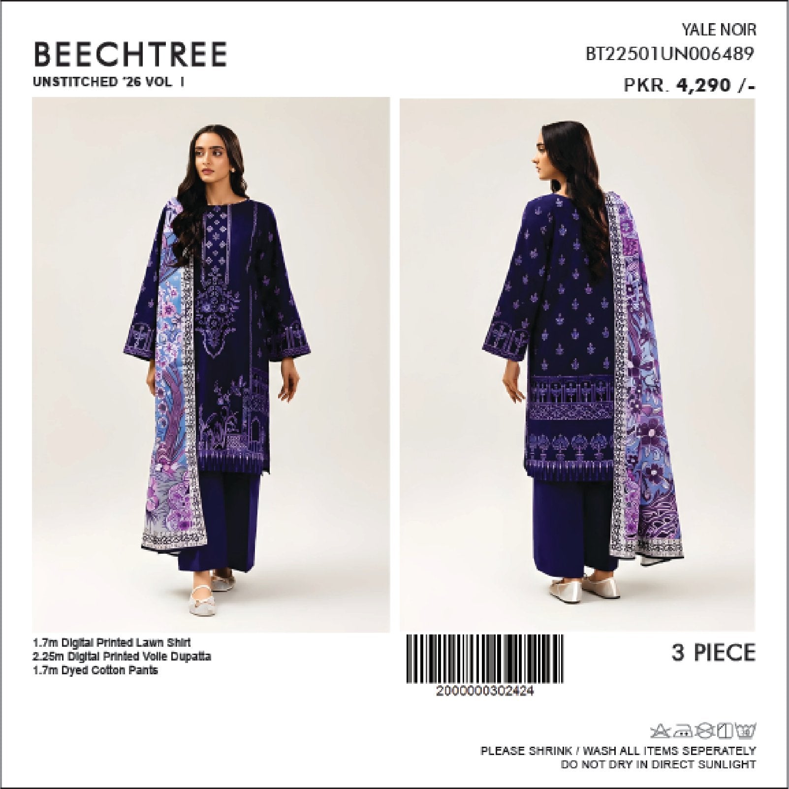 BeechTree Printed Lawn 3PC With Voil Dupatta 001753