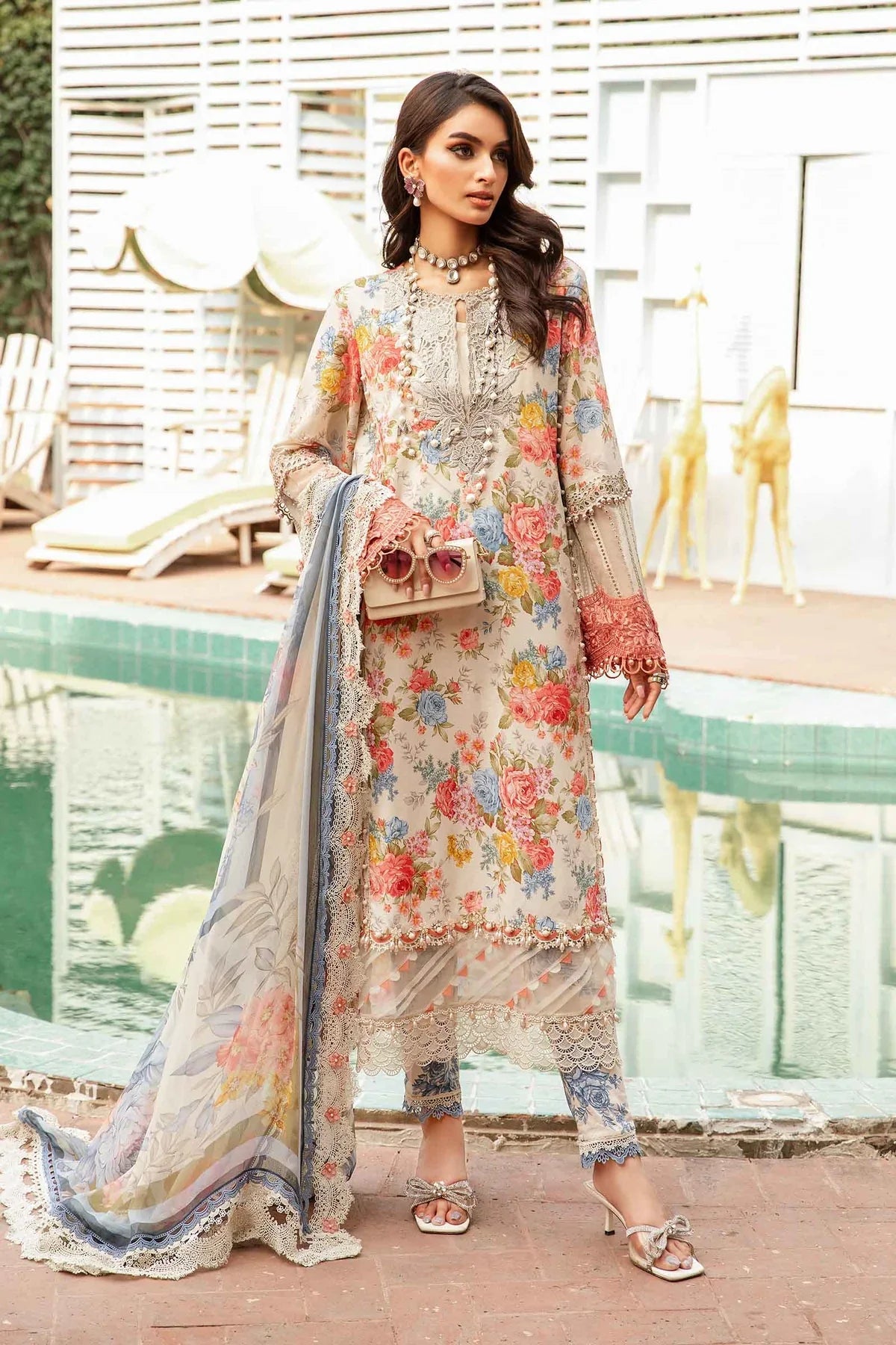 Maria B 3 Piece Unstitched Heavy Embroidered Lawn Replica Suit | MPT-2204-A