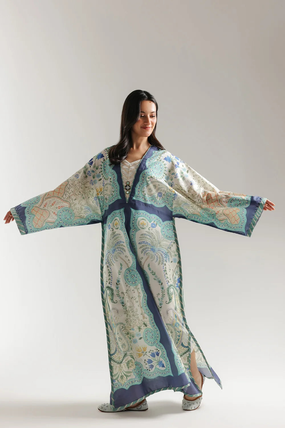 Ethnic Printed Shamos Silk Kaftan 2Pcs Shirt Trouser Unsticthed COCONUT MILK