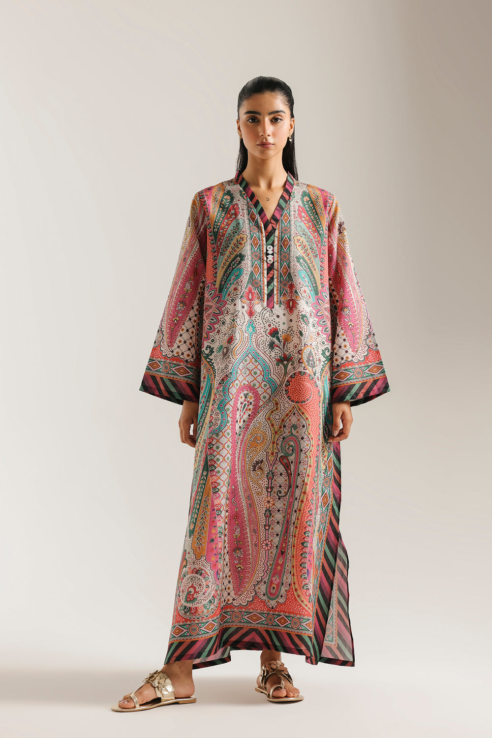 Ethnic Printed Shamos Silk Kaftan 2Pcs Shirt Trouser Unsticthed