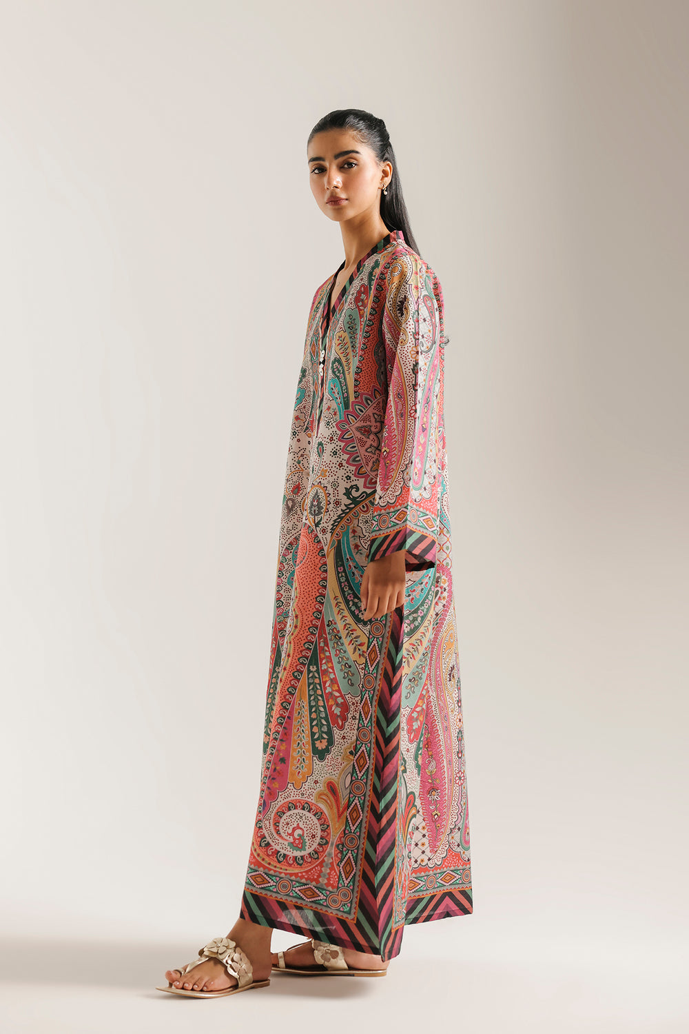 Ethnic Printed Shamos Silk Kaftan 2Pcs Shirt Trouser Unsticthed