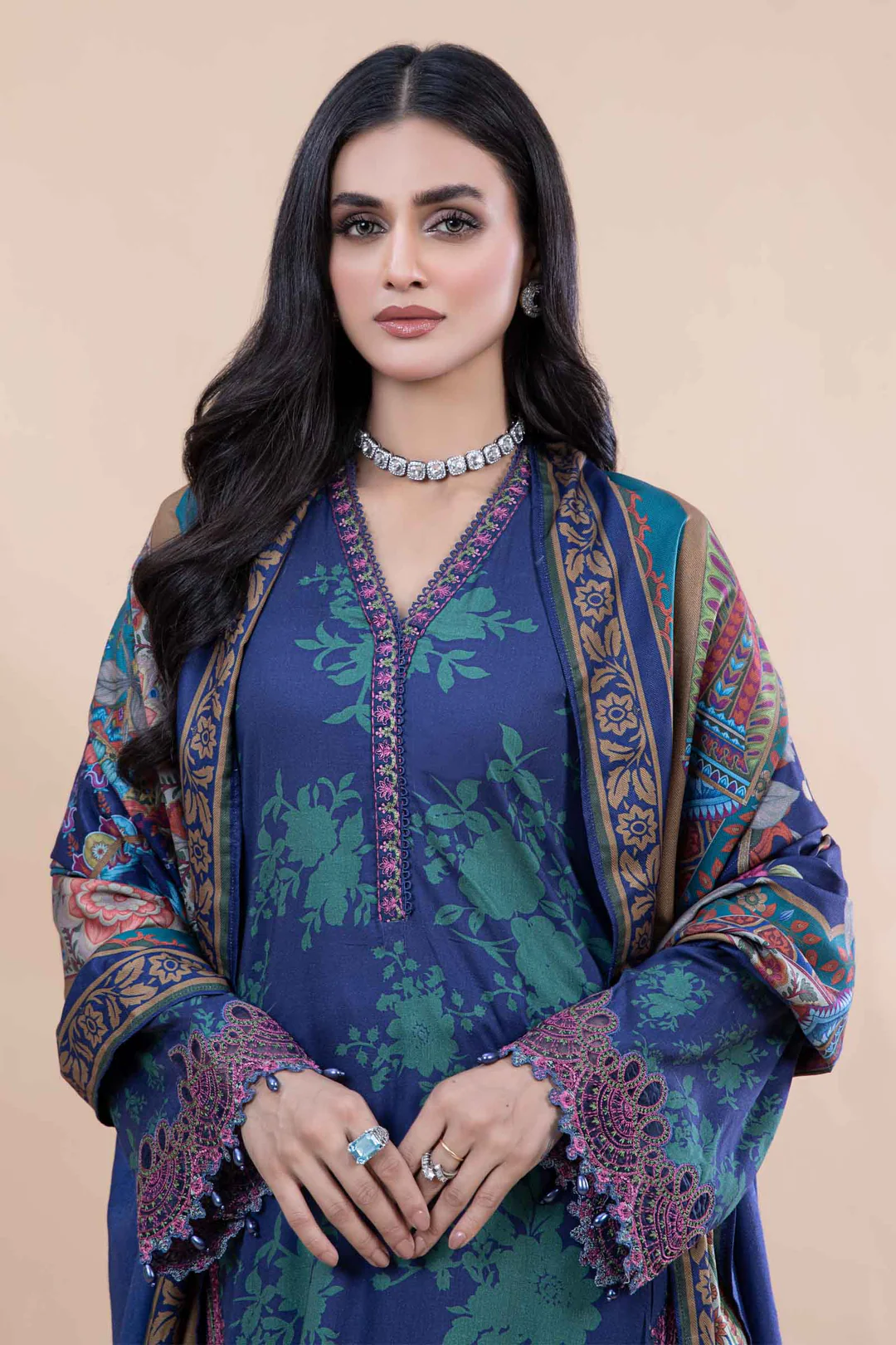 Maria B M Print Lawn Unstitched Printed Trouser With Chiffon Dupatta 3Pc (Green 9A)
