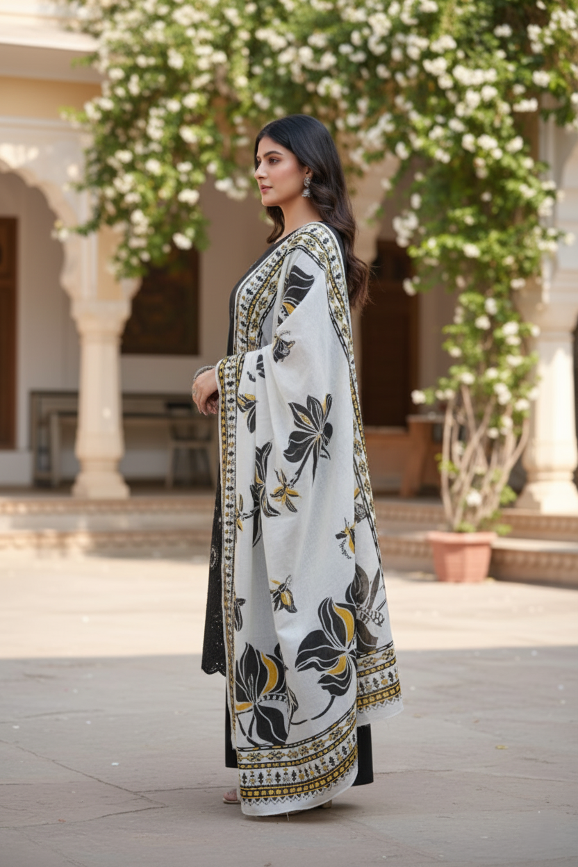 Luxury Khaddar Chikankari Embroidered 3-Piece Suit with Digital Printed Khaddar Shawl D-1066