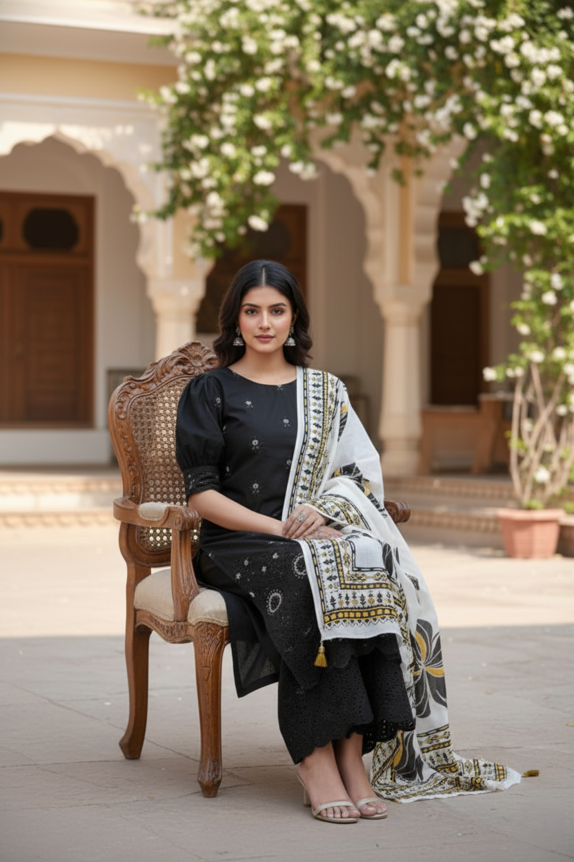 Luxury Khaddar Chikankari Embroidered 3-Piece Suit with Digital Printed Khaddar Shawl D-1066
