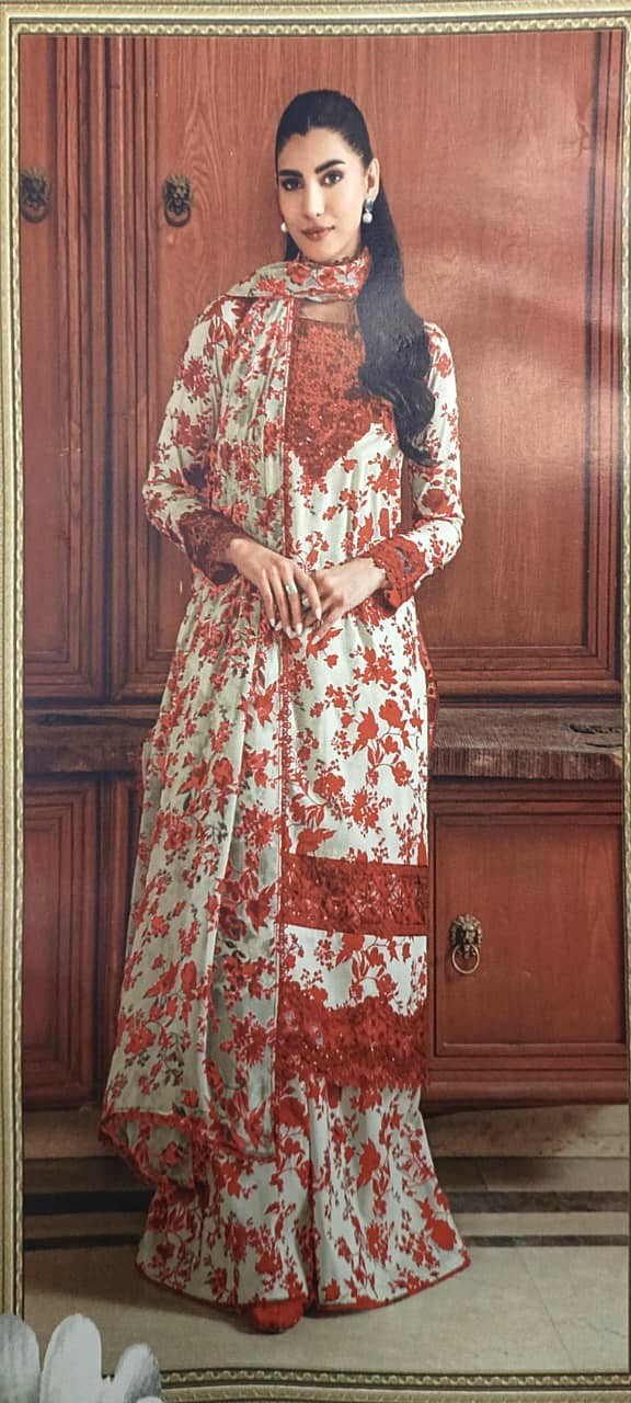 Aneela's 3 Piece Unstitched Heavy Embroidered Lawn Replica Suit | Aneela Skin Red