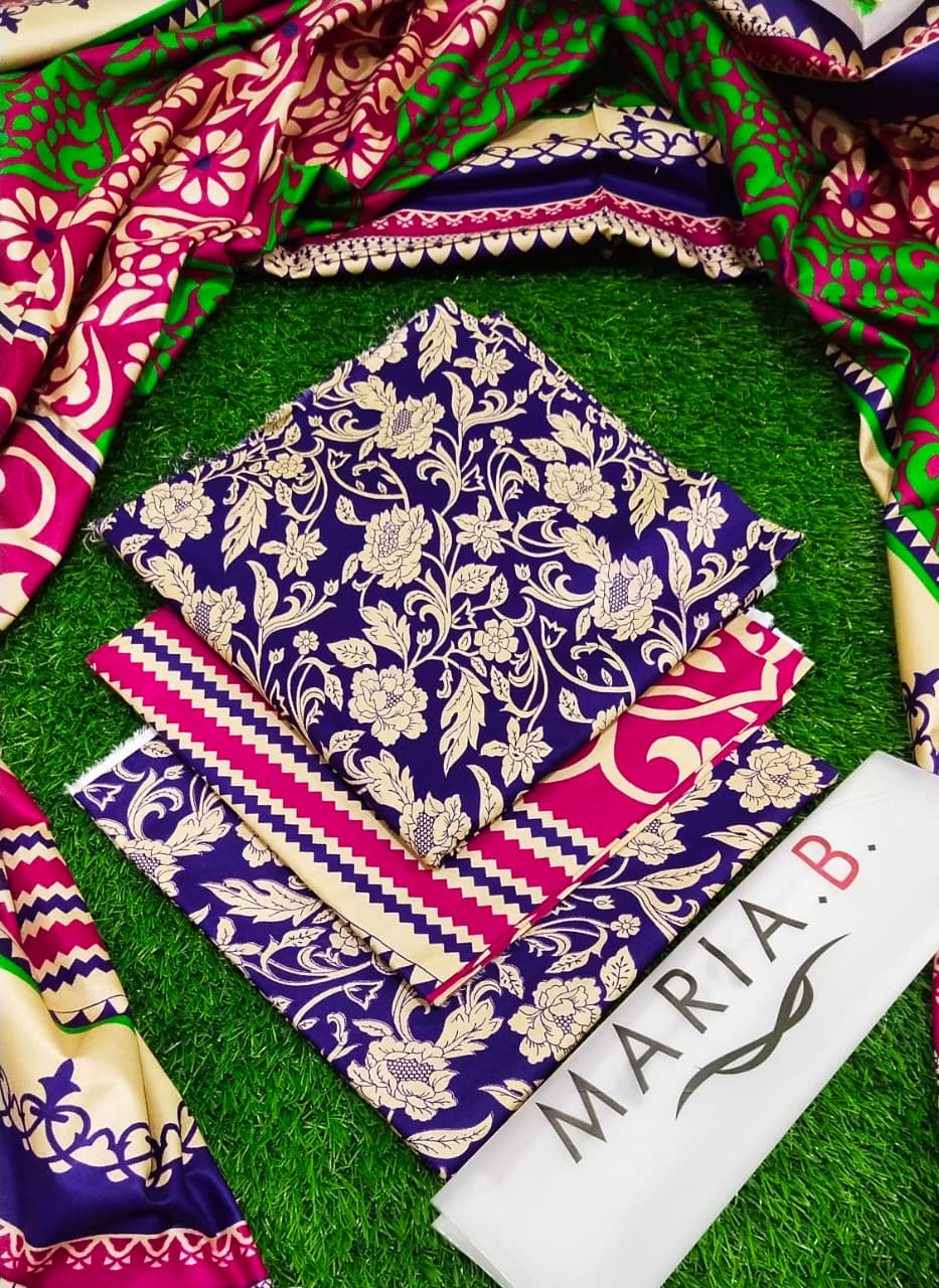 Maria B Print Lelan Allover 3 pcs لیلن سوٹ D7 TAHIRA