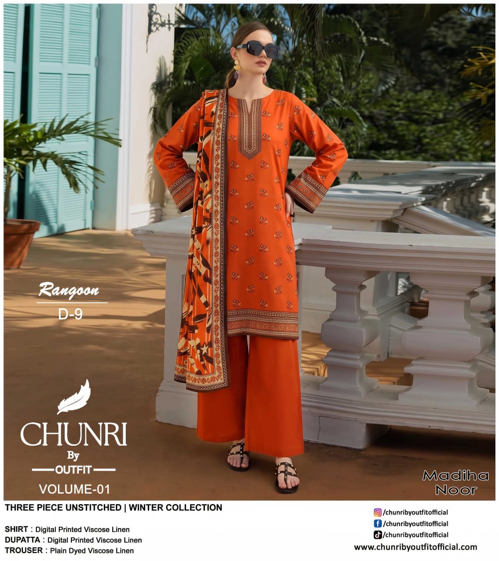 Chunri By Outfit Printed Viscose Lelan 3 Pcs Unstitched Suit 002050