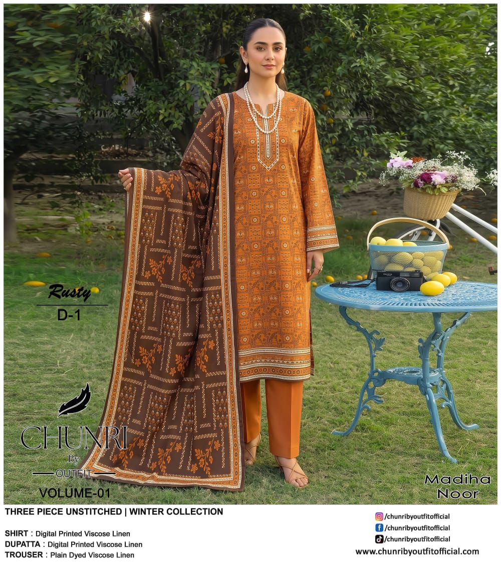 Chunri By Outfit Printed Viscose Lelan 3 Pcs Unstitched Suit 002052
