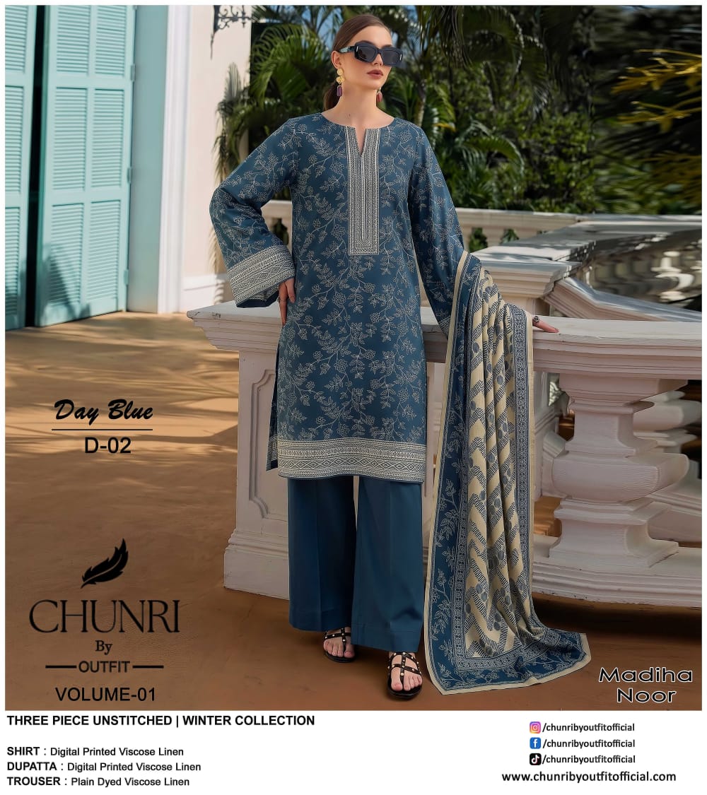 Chunri By Outfit Printed Viscose Lelan 3 Pcs Unstitched Suit 002051