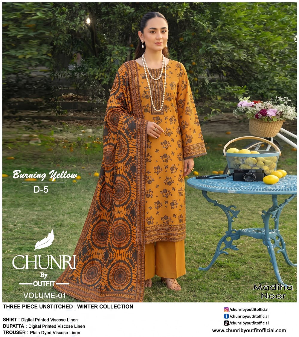 Chunri By Outfit Printed Viscose Lelan 3 Pcs Unstitched Suit 002053