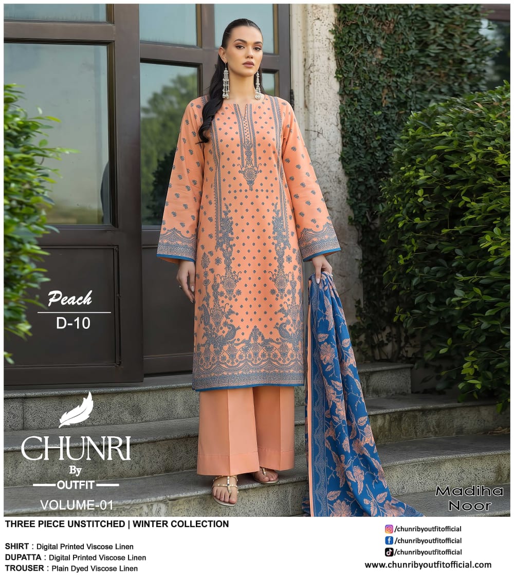 Chunri By Outfit Printed Viscose Lelan 3 Pcs Unstitched Suit 002055