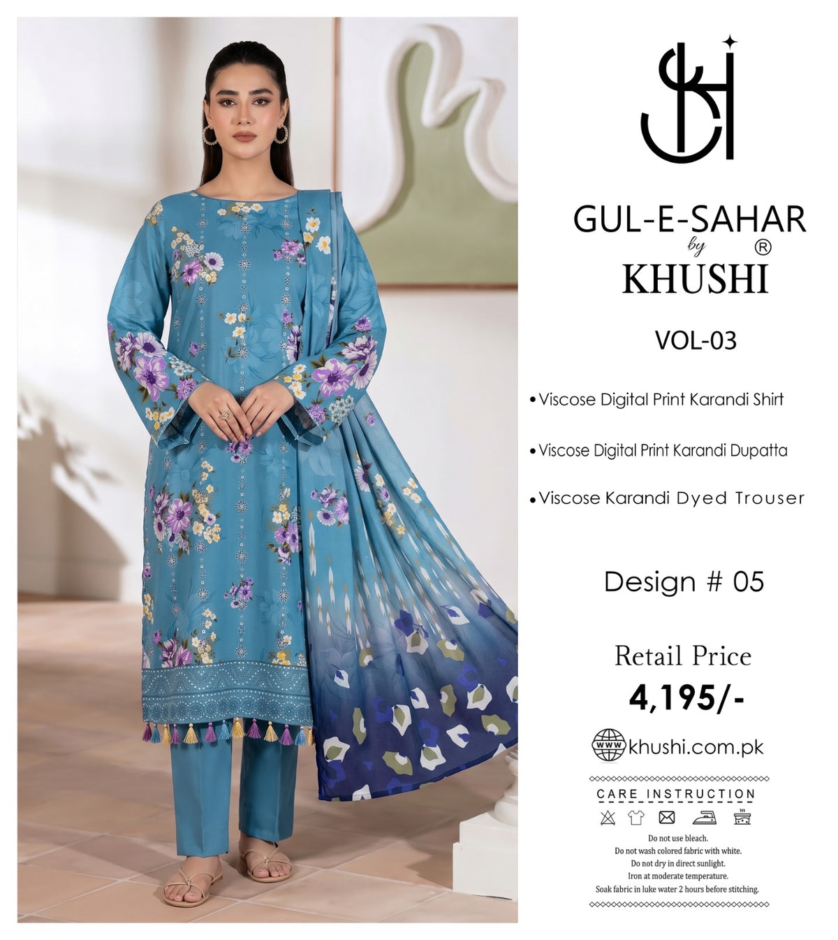 Gul-E-Sahar By Khushi Digital Printed Viscose karandi 3pcs 002078