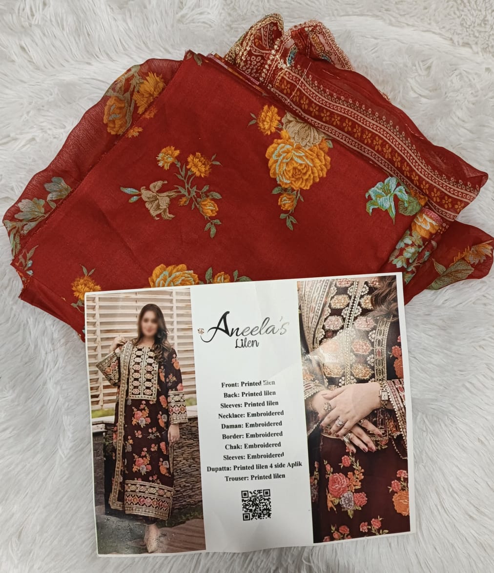 Aneela's 3 Piece Unstitched Heavy Embroidered Lawn Replica Suit | Aneela Red 263