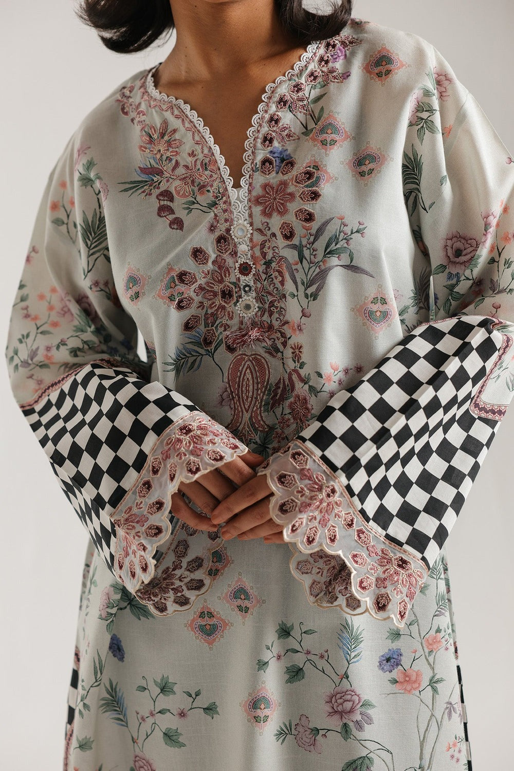 Ethnic Printed Grip Silk Kaftan 2Pcs Shirt Trouser Unsticthed