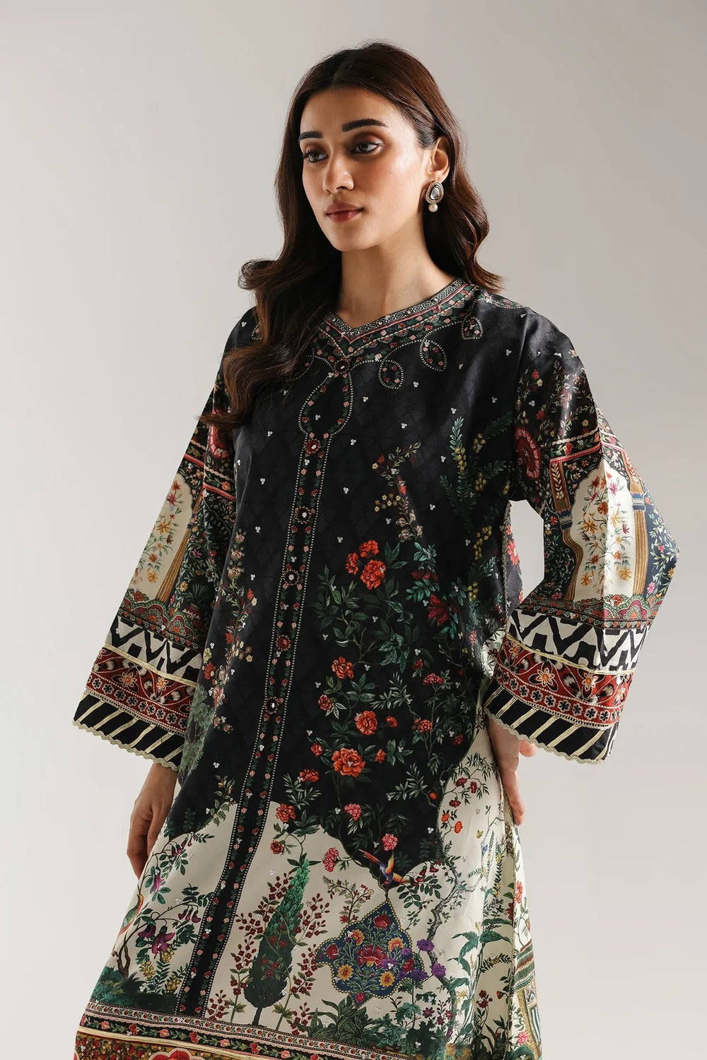 Ethnic Printed Grip Silk Kaftan 2Pcs Shirt Trouser Unsticthed