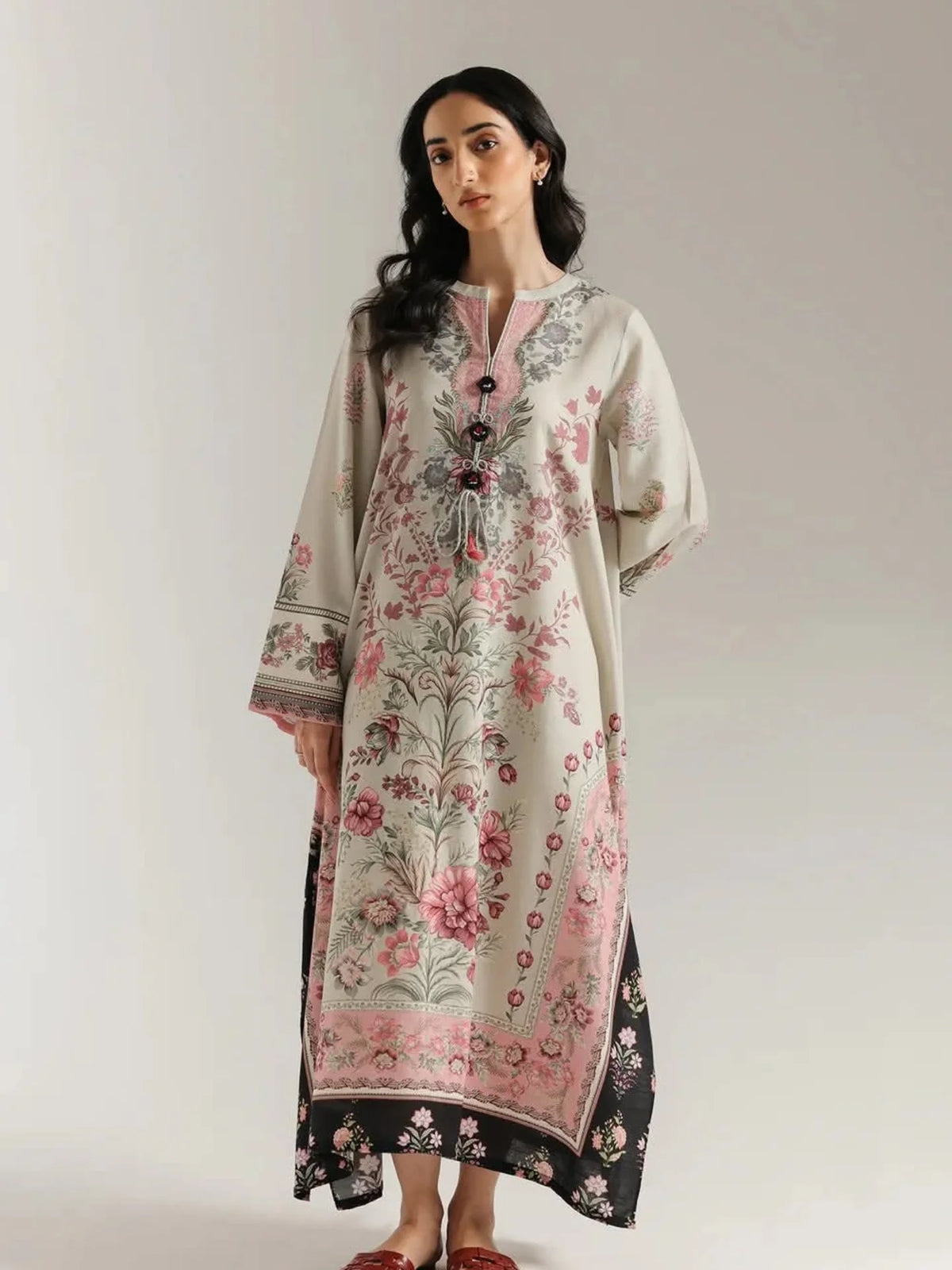 Ethnic Printed Grip Silk Kaftan 2Pcs Shirt Trouser Unsticthed
