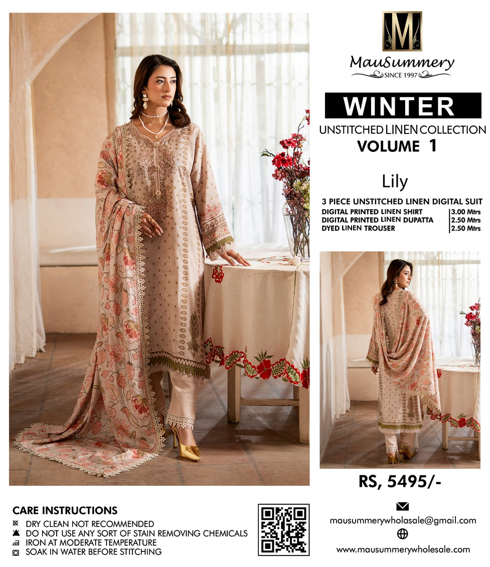 Musammary Linen Digital Suit | 3-Piece Unstitched Winter Suit 000717