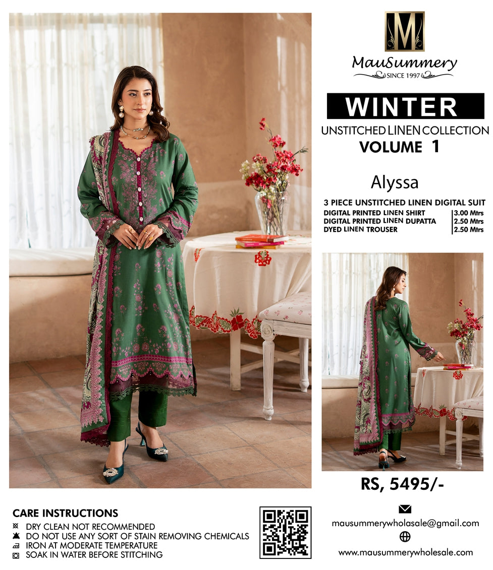 Musammary Linen Digital Suit | 3-Piece Unstitched Winter Suit 000716