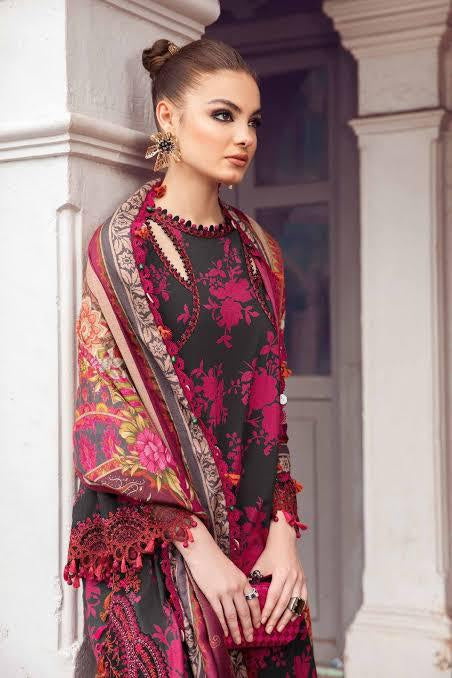 Maria B M Print Lawn Unstitched Printed Trouser With Chiffon Dupatta 3Pc (redblack-9B)