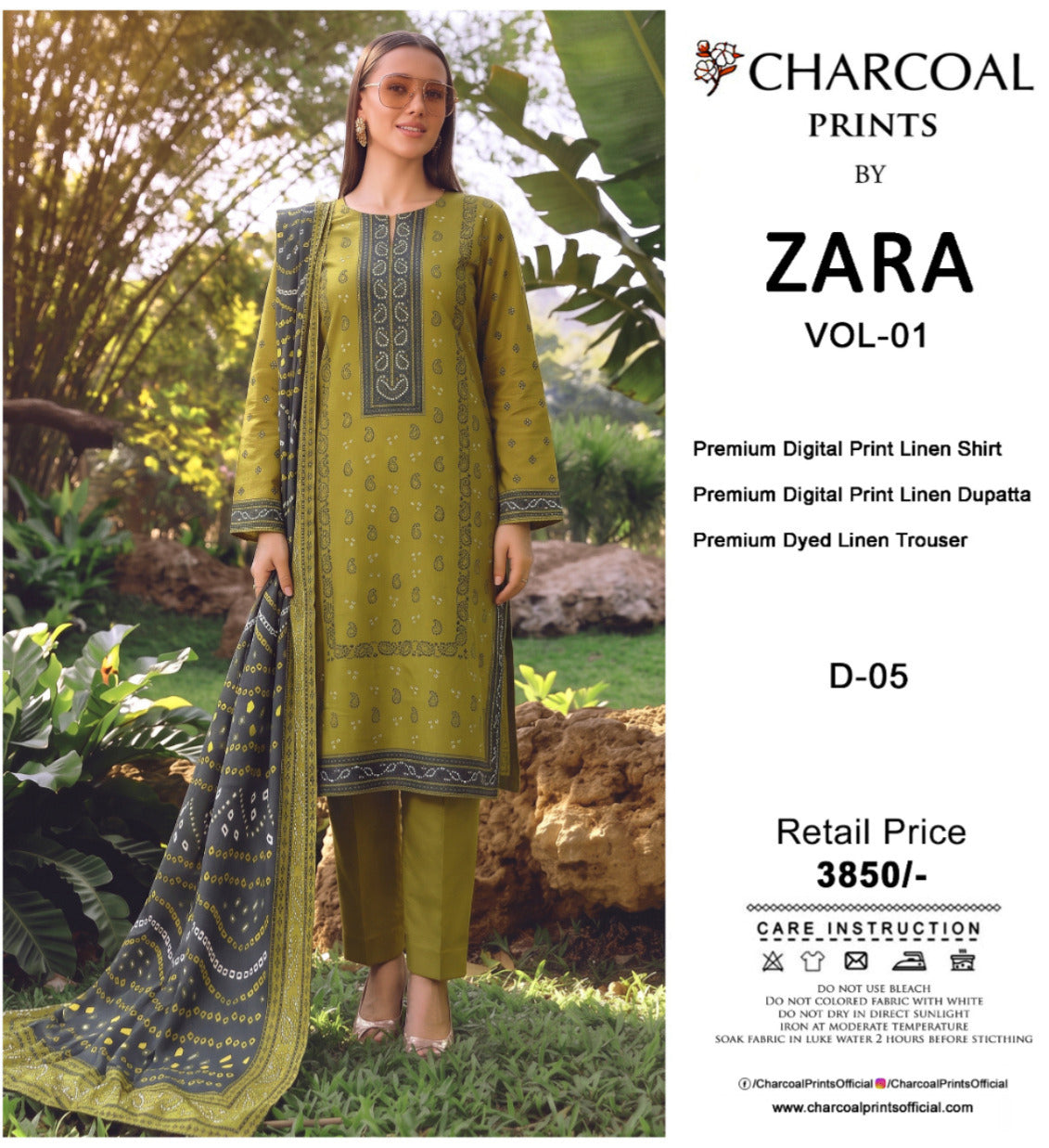 Charcoal Original Lelan 3PC Printed With Dyed Trouser 001911