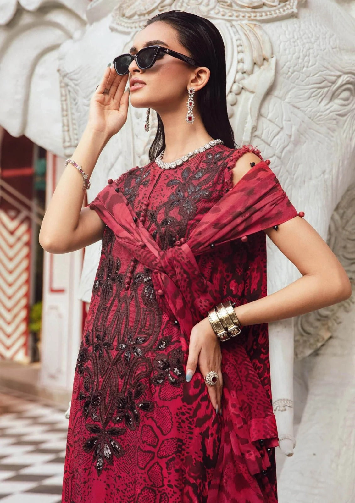 Maria B 3 Piece Unstitched Heavy Embroidered Lawn Replica Suit | MPT-RedBlack