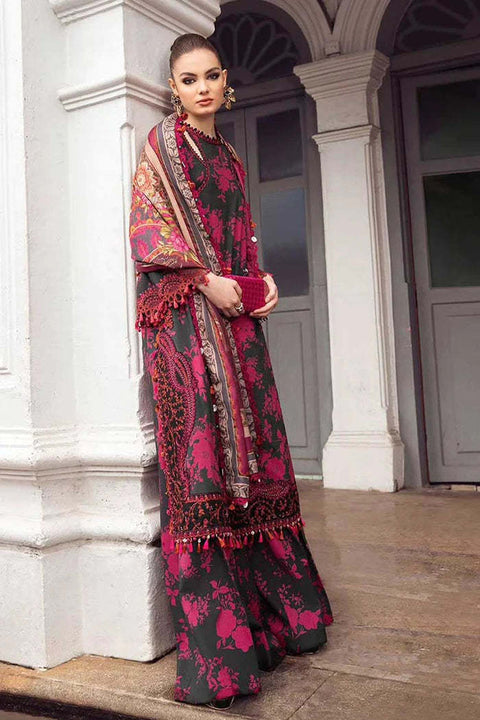 Maria B M Print Lawn Unstitched Printed Trouser With Chiffon Dupatta 3Pc (redblack-9B)