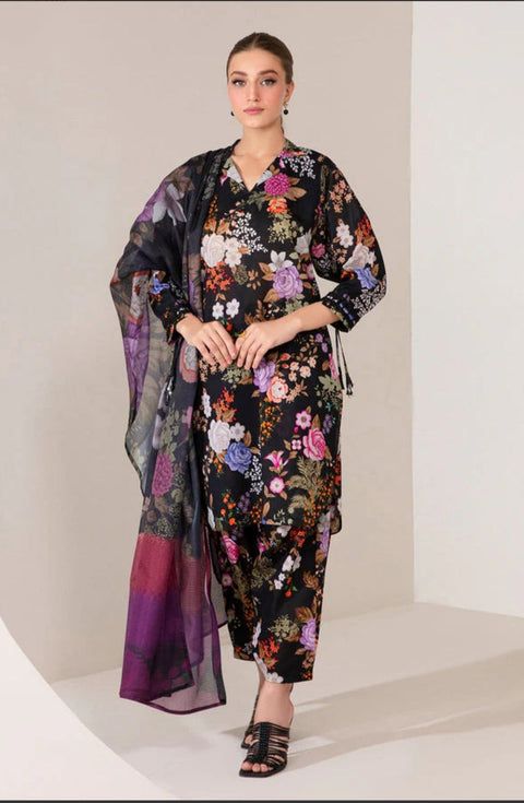 Maria B M Print Lawn Unstitched Printed Trouser With Chiffon Dupatta 3Pc baroqblk