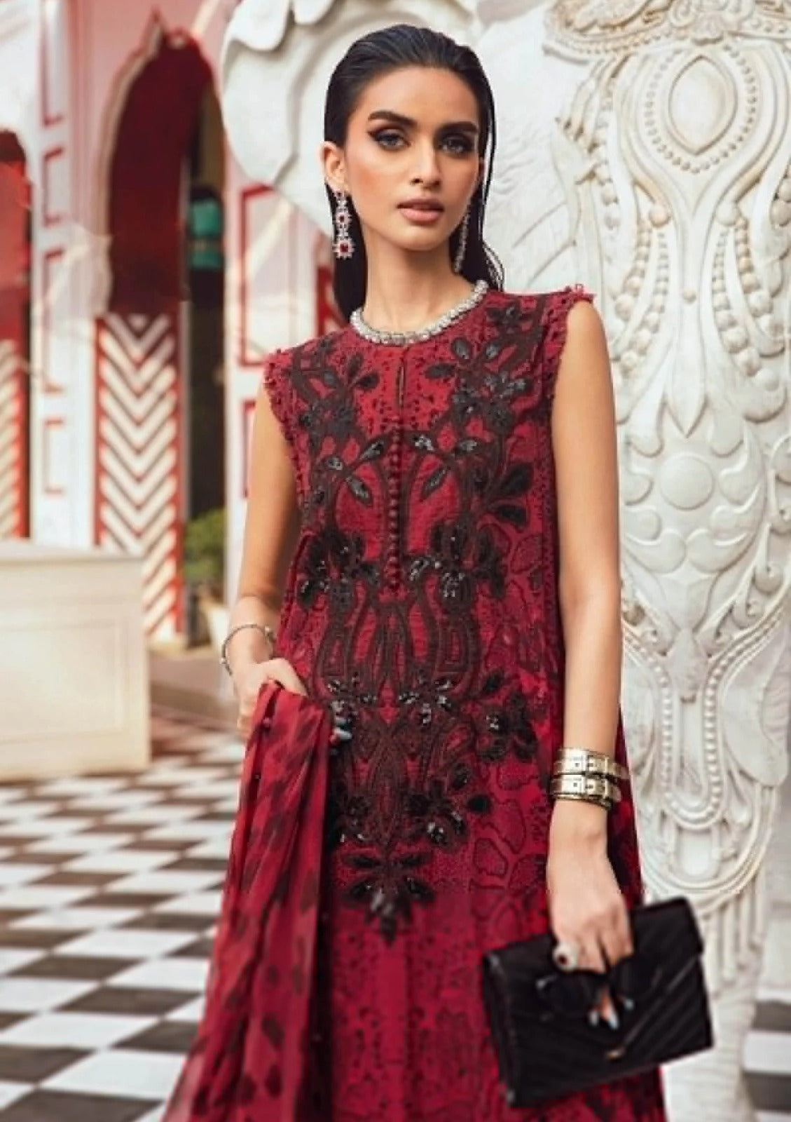 Maria B 3 Piece Unstitched Heavy Embroidered Lawn Replica Suit | MPT-RedBlack