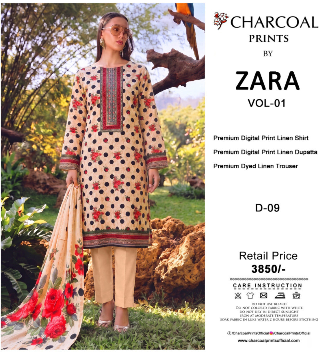 Charcoal Original Lelan 3PC Printed With Dyed Trouser 001915