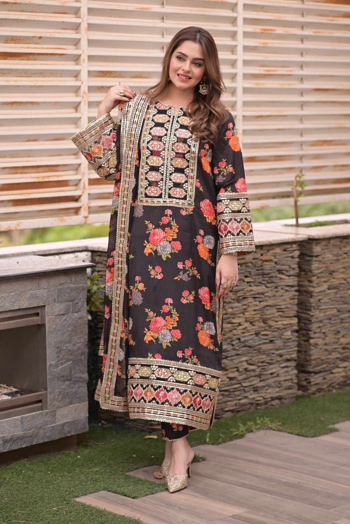 Aneela's 3 Piece Unstitched Heavy Embroidered Lawn Replica Suit | Aneela Red 263