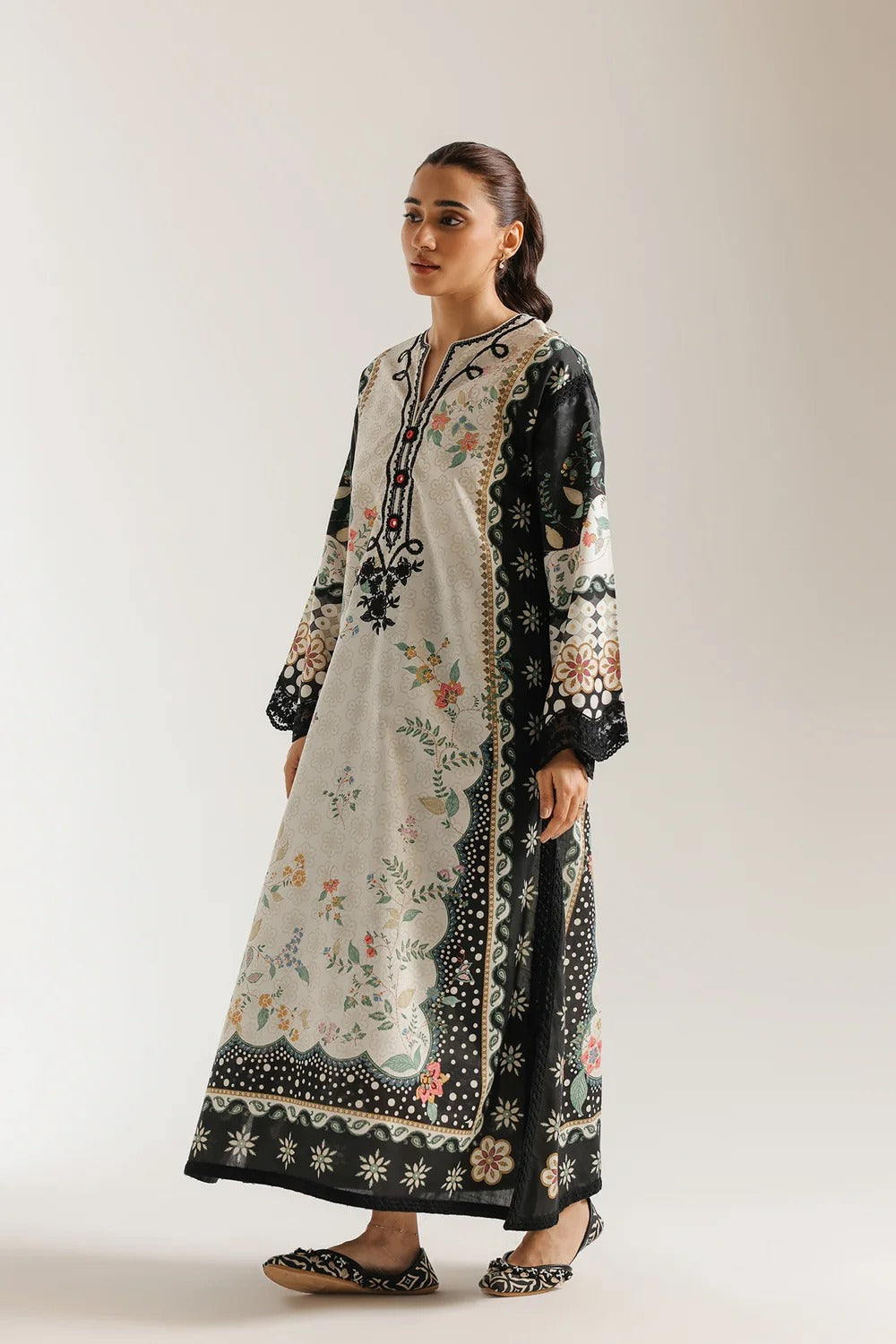 Ethnic Printed Grip Silk Kaftan 2Pcs Shirt Trouser Unsticthed
