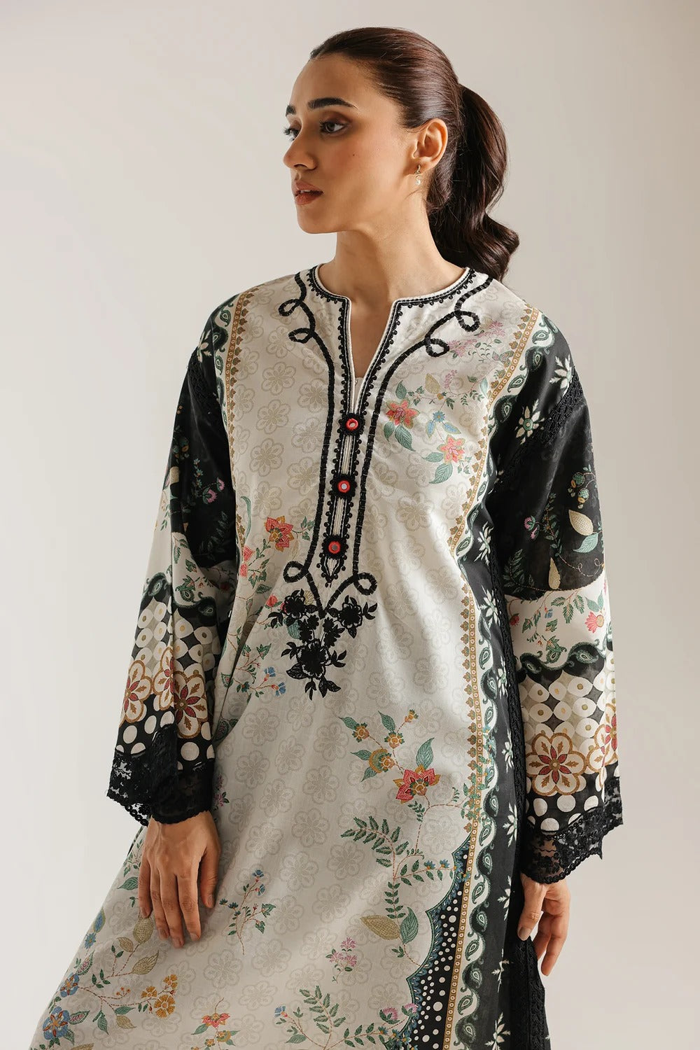 Ethnic Printed Grip Silk Kaftan 2Pcs Shirt Trouser Unsticthed