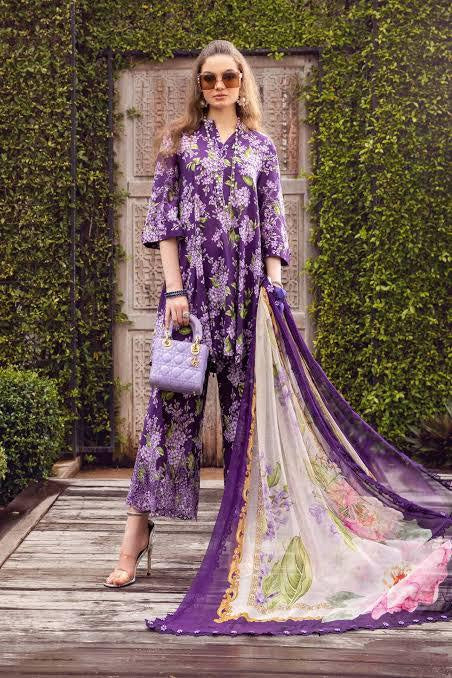 Maria B M Print Lawn Unstitched Printed Trouser With Chiffon Dupatta 3Pc (hit-purple-flower)