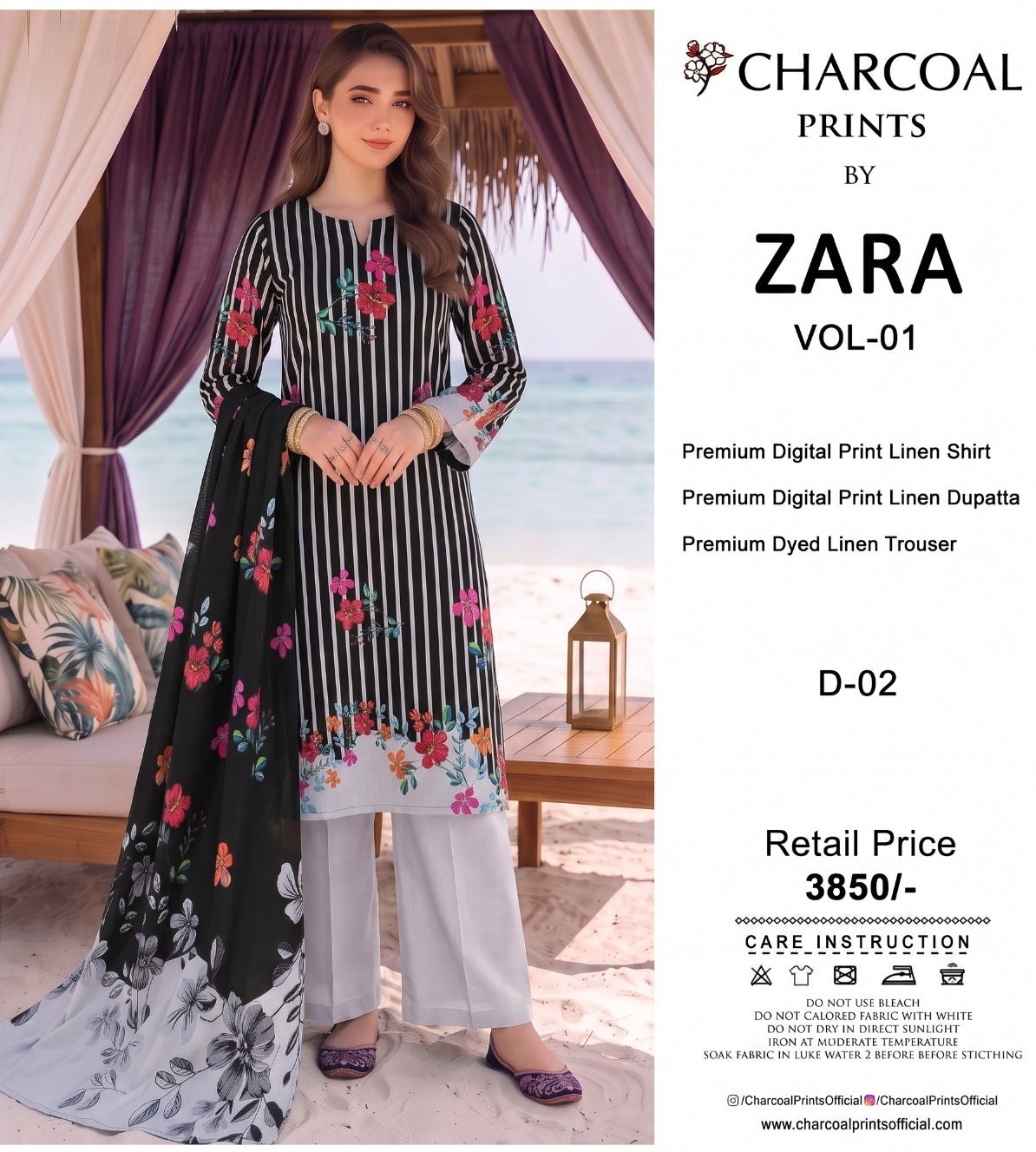 Charcoal Original Lelan 3PC Printed With Dyed Trouser 001917