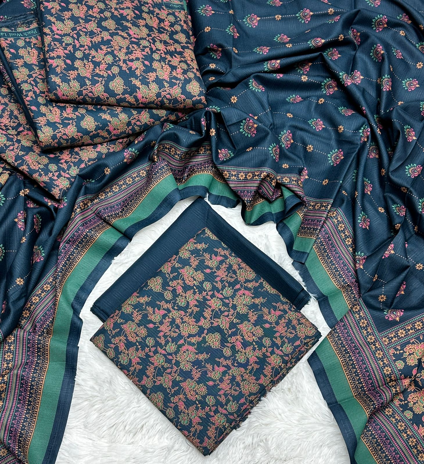 Laaj Peach Wool Printed 3Pcs Bin Ismail