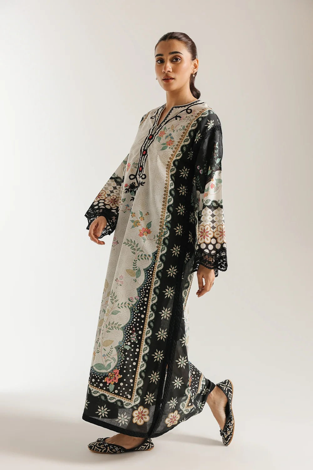 Ethnic Printed Grip Silk Kaftan 2Pcs Shirt Trouser Unsticthed