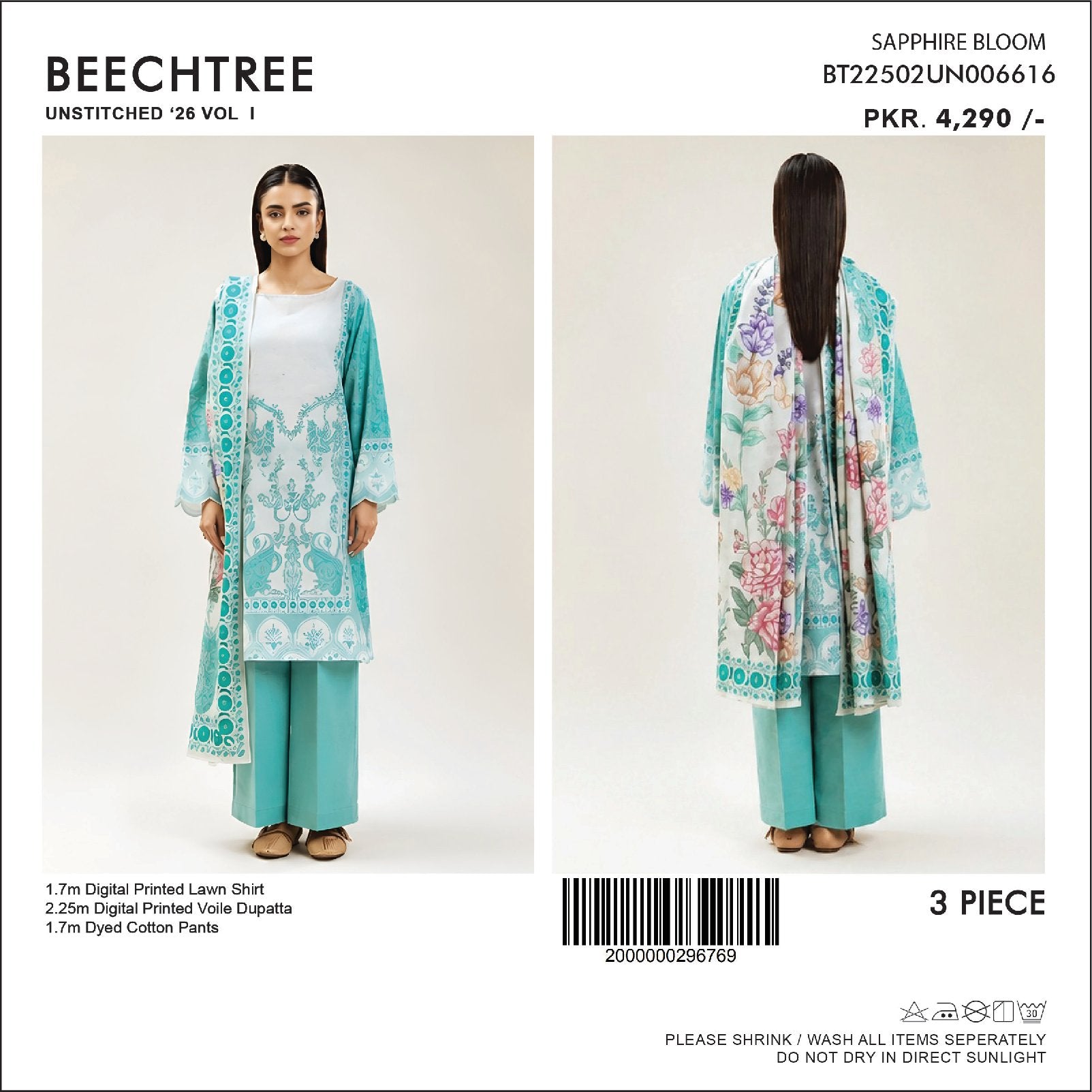 BeechTree Printed Lawn 3PC With Voil Dupatta 001744