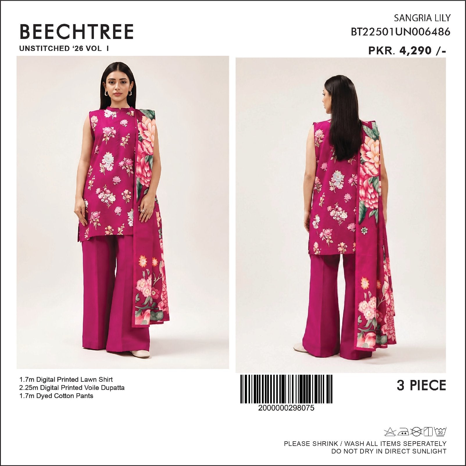 BeechTree Printed Lawn 3PC With Voil Dupatta 001745